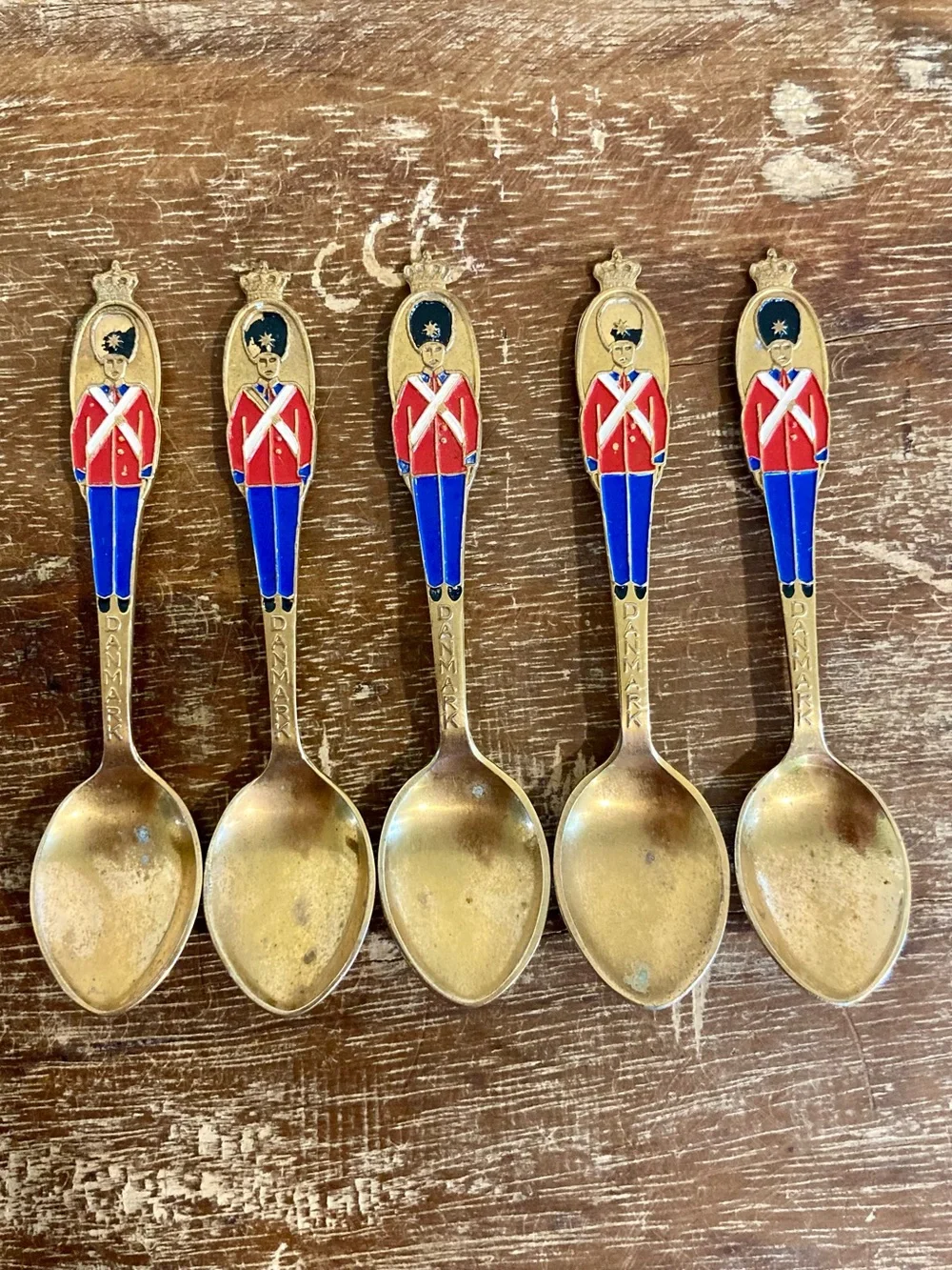 5 Vintage Gold Plated Souvenir Demitasse Spoons Denmark Soldiers